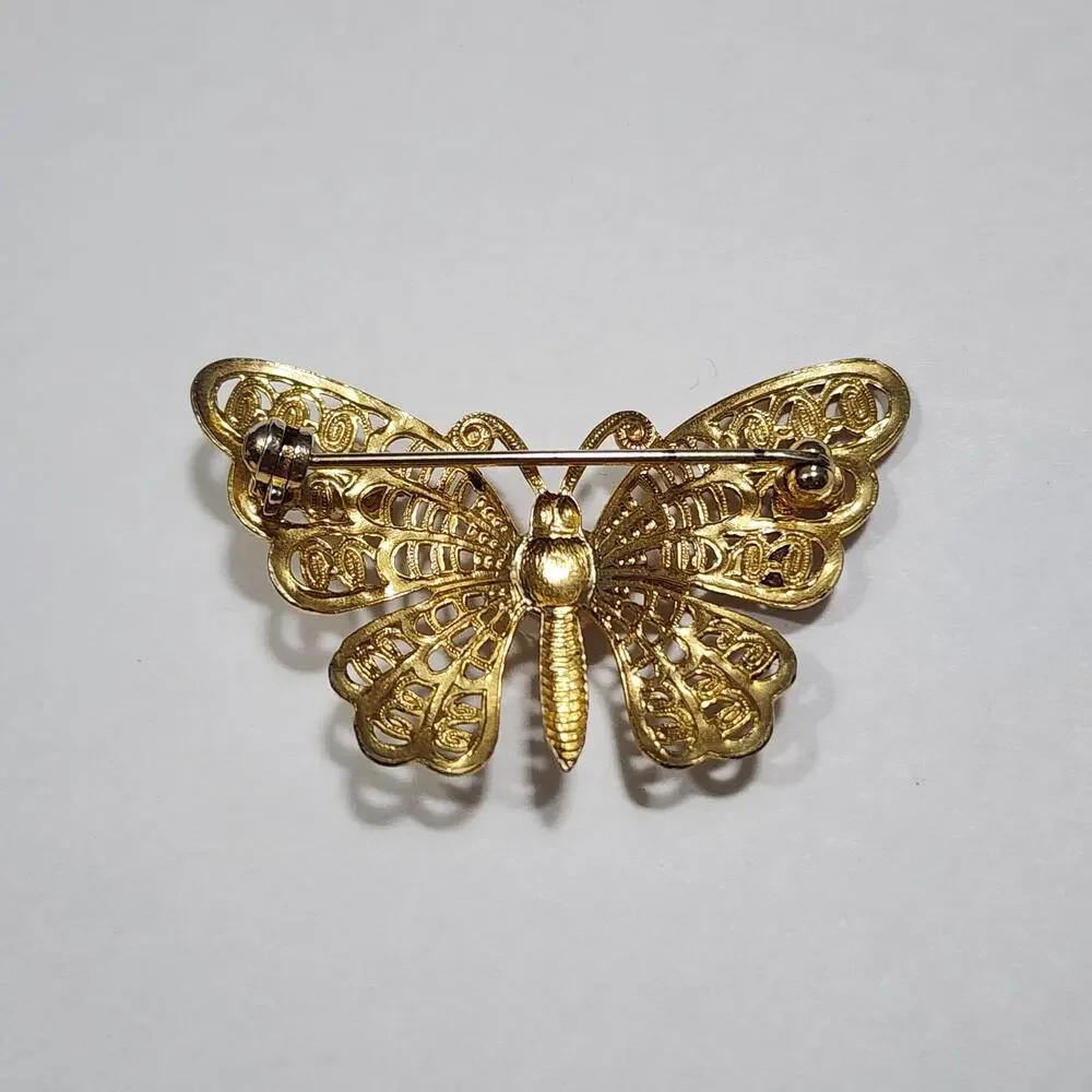 Butterfly Brooch Pin Faux Pearls Openwork Filigree Wings Gold Tone Vintage 1990s